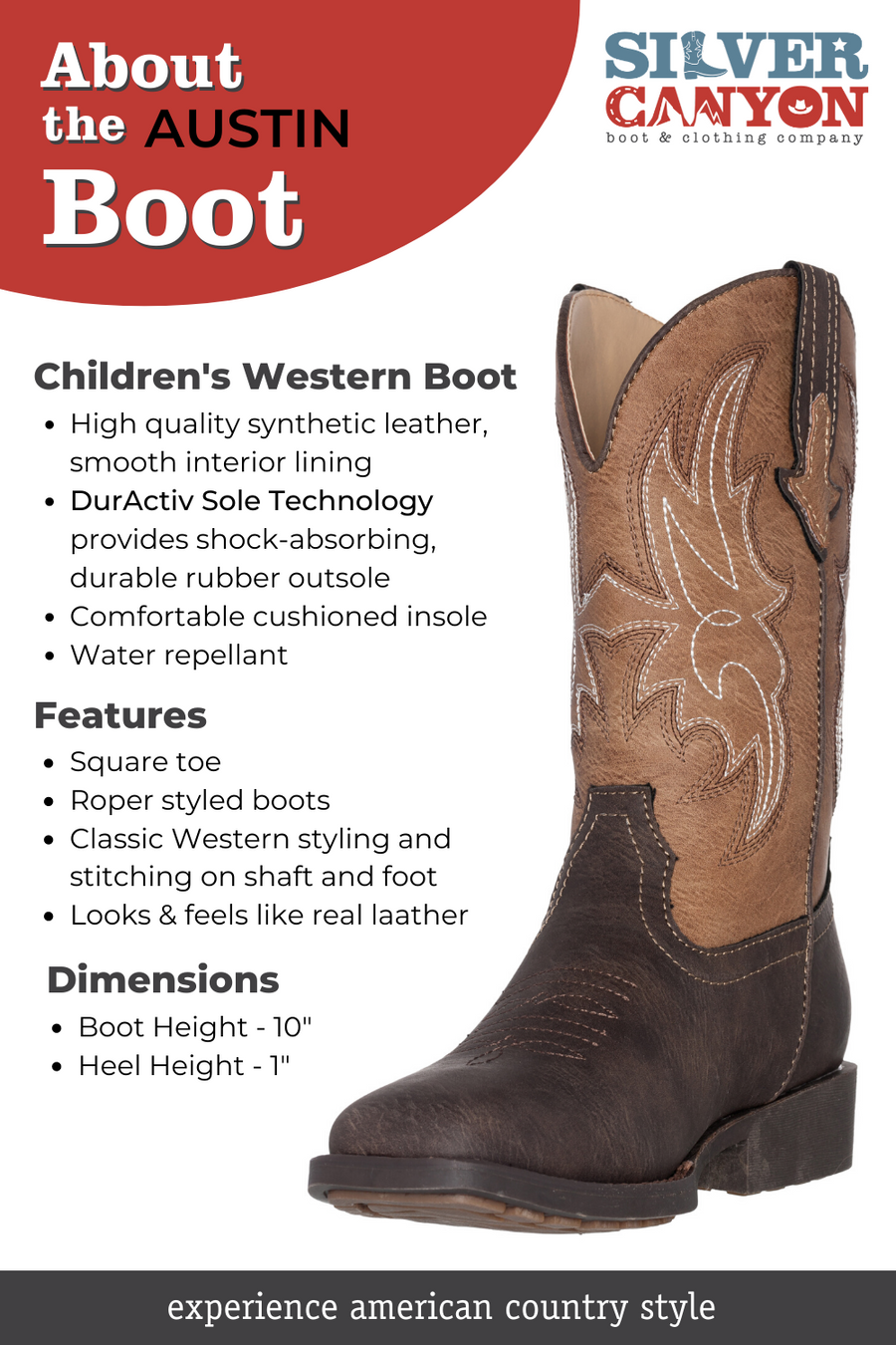 Children Western Kids Cowboy Boot, Americana Flag Square Toe, Austin by Silver Canyon, Boys, Girls