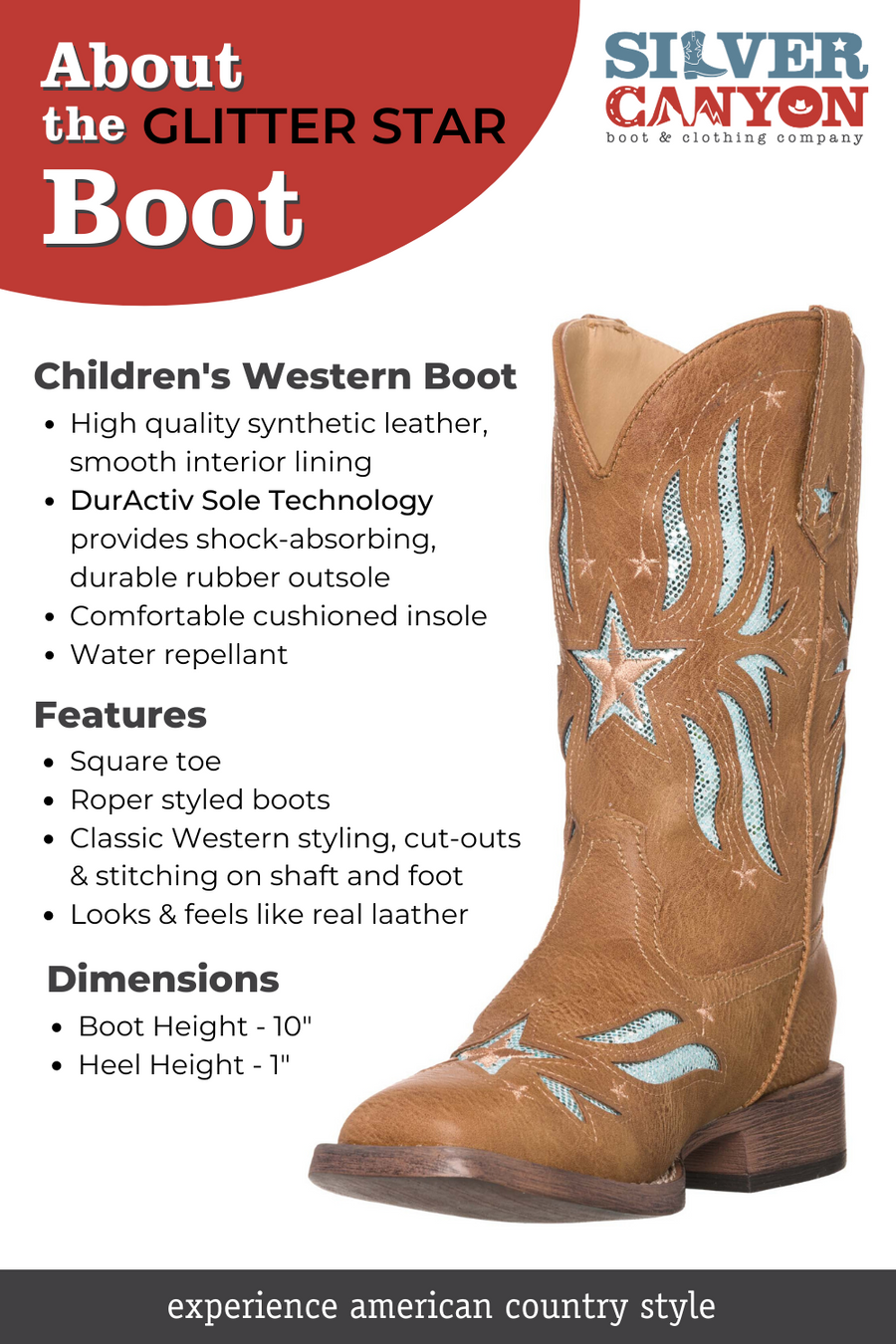 Children Western Kids Cowboy Boot | Star Glitter Toddler Brown Square Toe for Girls by Silver Canyon