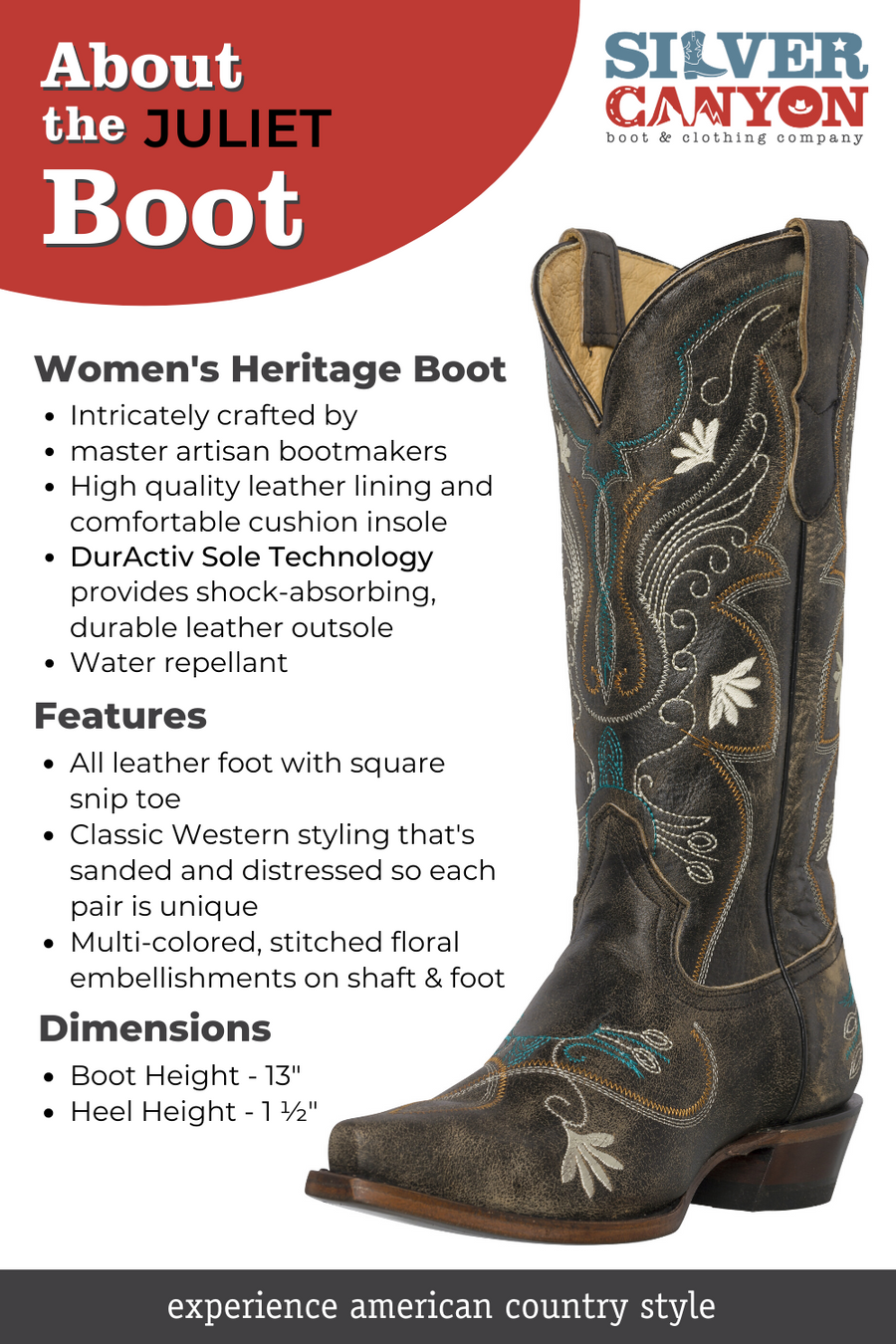 Womens Western Cowgirl Cowboy Boots, Juliet Heritage Square Snip Toe by Silver Canyon, Black, Cream Flowers