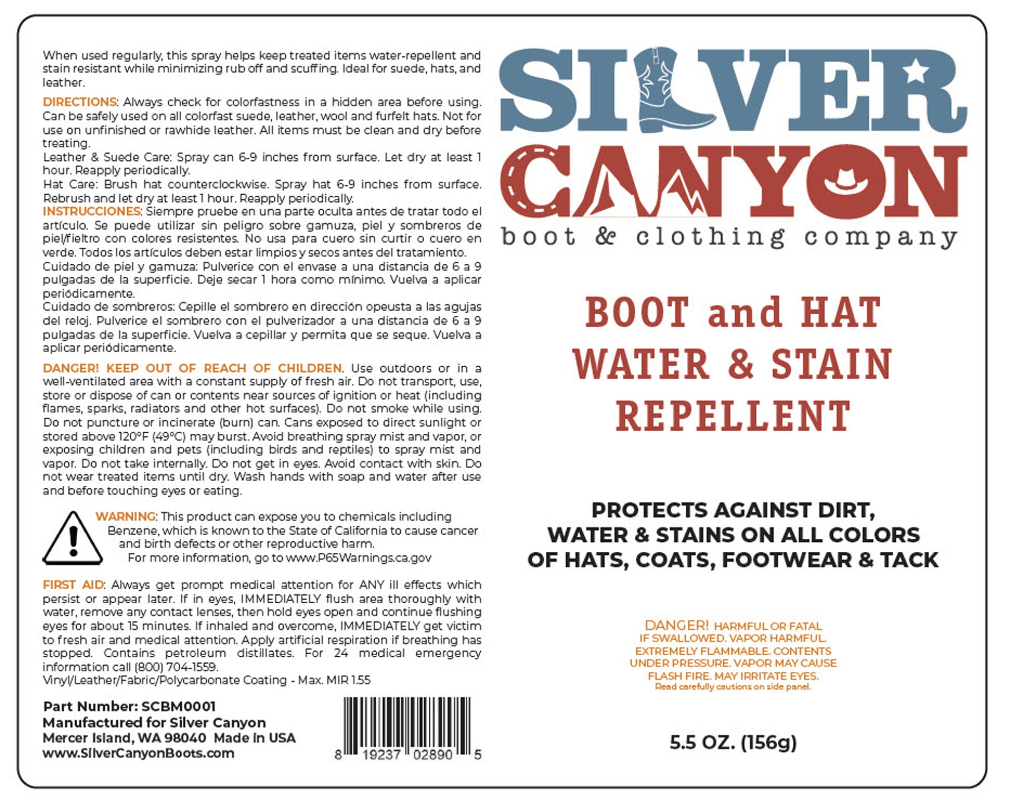 Silver Canyon Boot and Hat Water and Stain Repellent, 5.5oz, Leather and Suede Protector Waterproofing Spray Guard