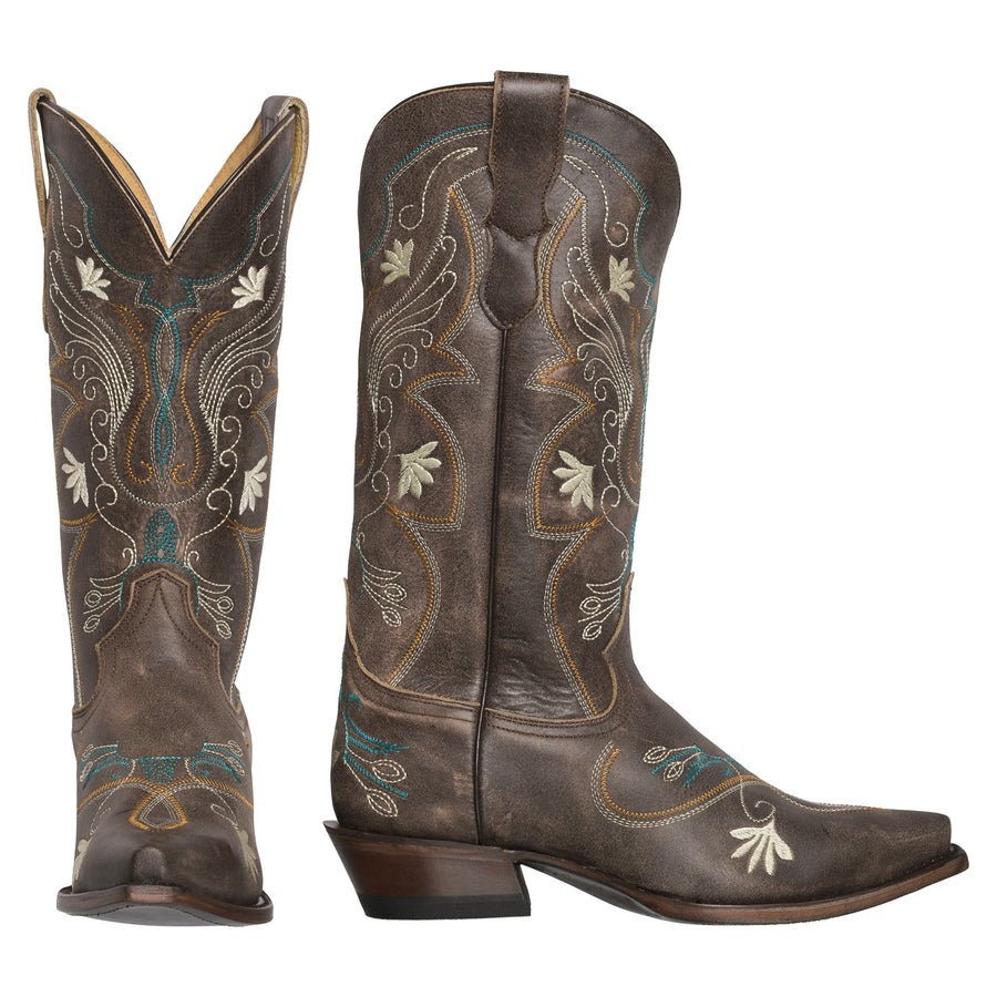 Womens Western Cowgirl Cowboy Boots, Juliet Heritage Square Snip Toe by Silver Canyon, Black, Cream Flowers