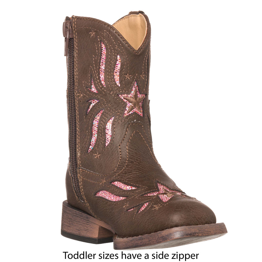 Children Western Kids Cowboy Boot | Star Glitter Toddler Brown Square Toe for Girls by Silver Canyon