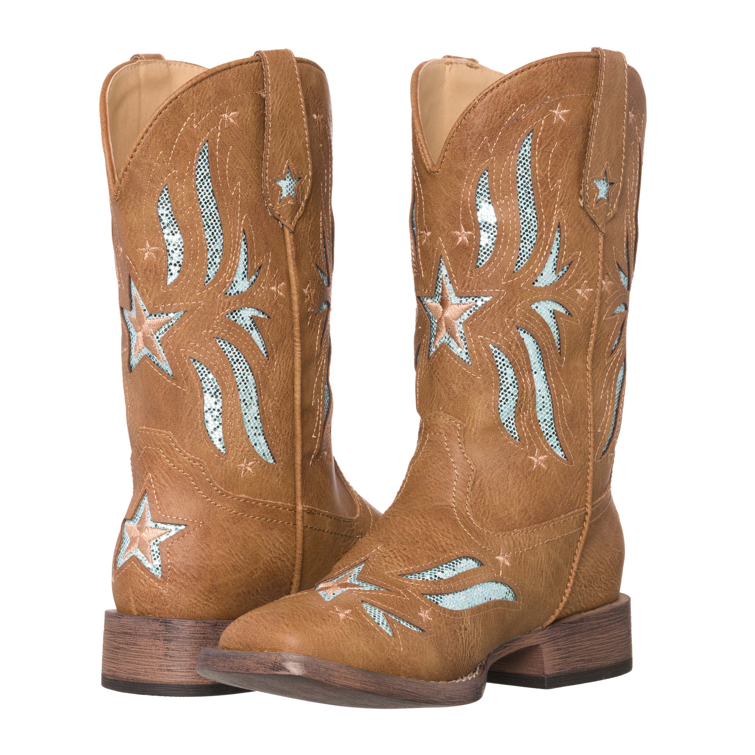 Children Western Kids Cowboy Boot | Star Glitter Tan Square Toe for Girls by Silver Canyon