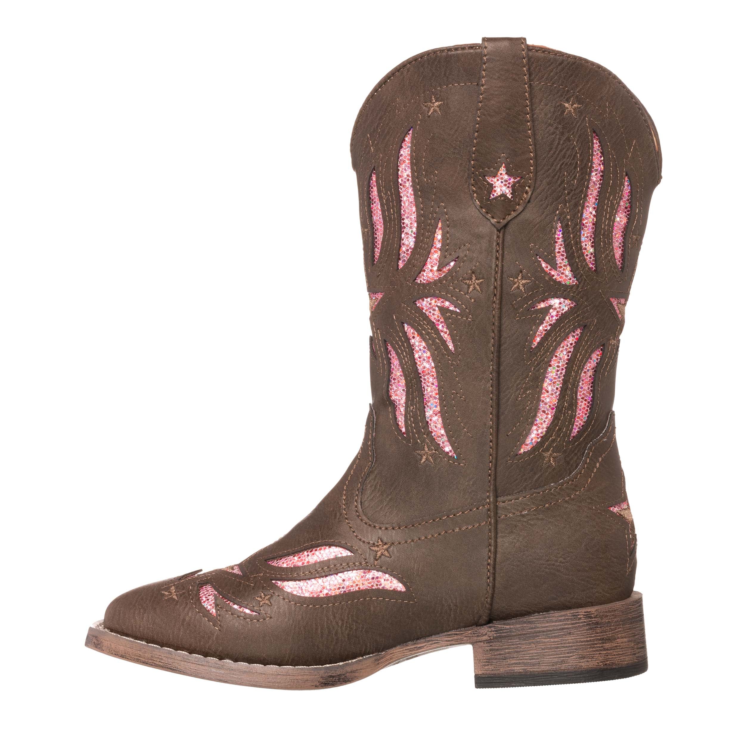 Children Western Kids Cowboy Boot | Star Glitter Brown Square Toe for Girls by Silver Canyon