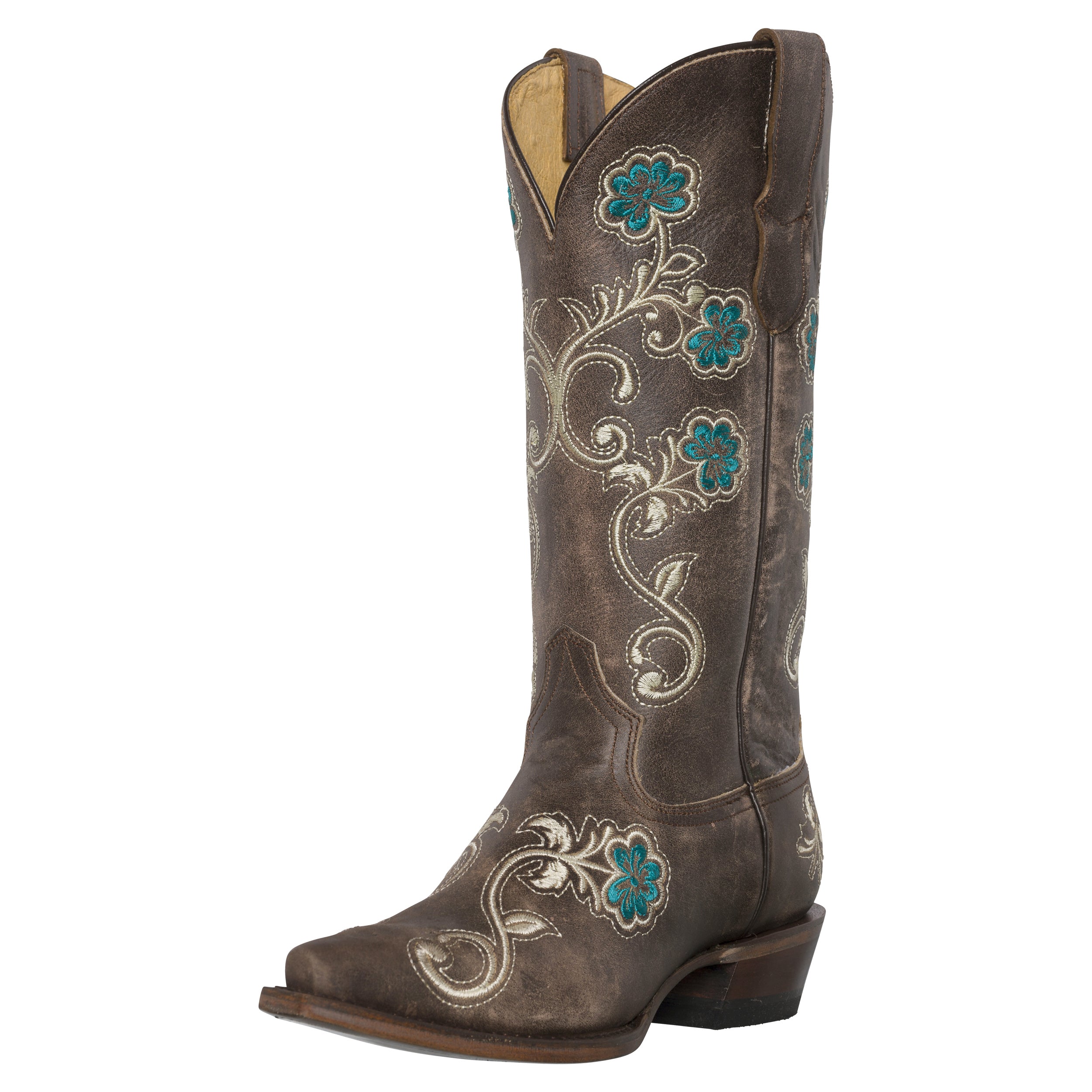 Womens Western Cowgirl Cowboy Boots, Florence Heritage Square Snip Toe by Silver Canyon, Brown, Turquoise Flowers