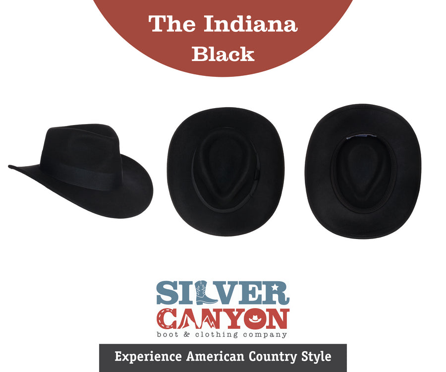 Men’s Indiana Outback Fedora Hat |Black Crushable Wool Felt by Silver Canyon