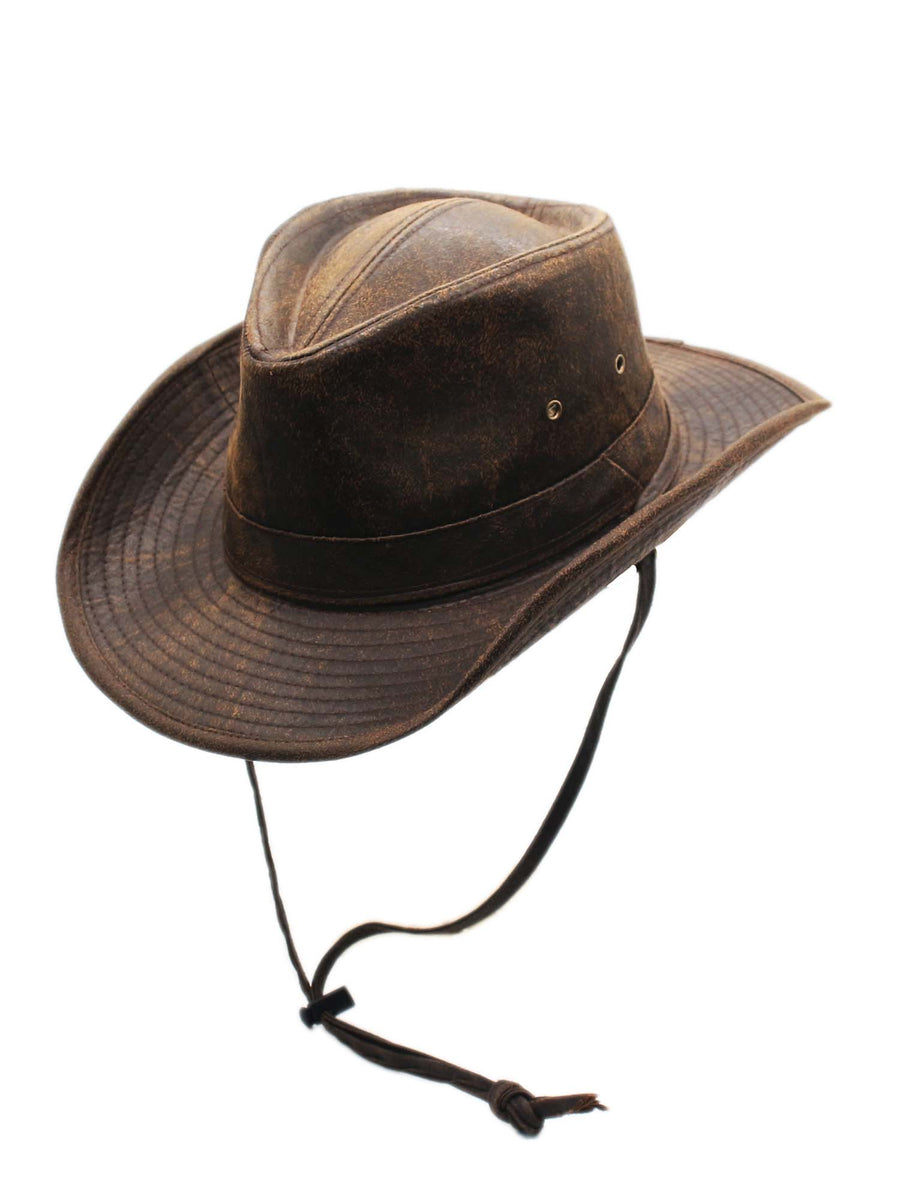 Silver Canyon Men’s Teton Faux Leather Outback Hiking Black Western Hat with Chin Cord