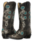 Womens Western Cowgirl Cowboy Boots, Florence Heritage Square Snip Toe by Silver Canyon, Black, Turquoise Flowers
