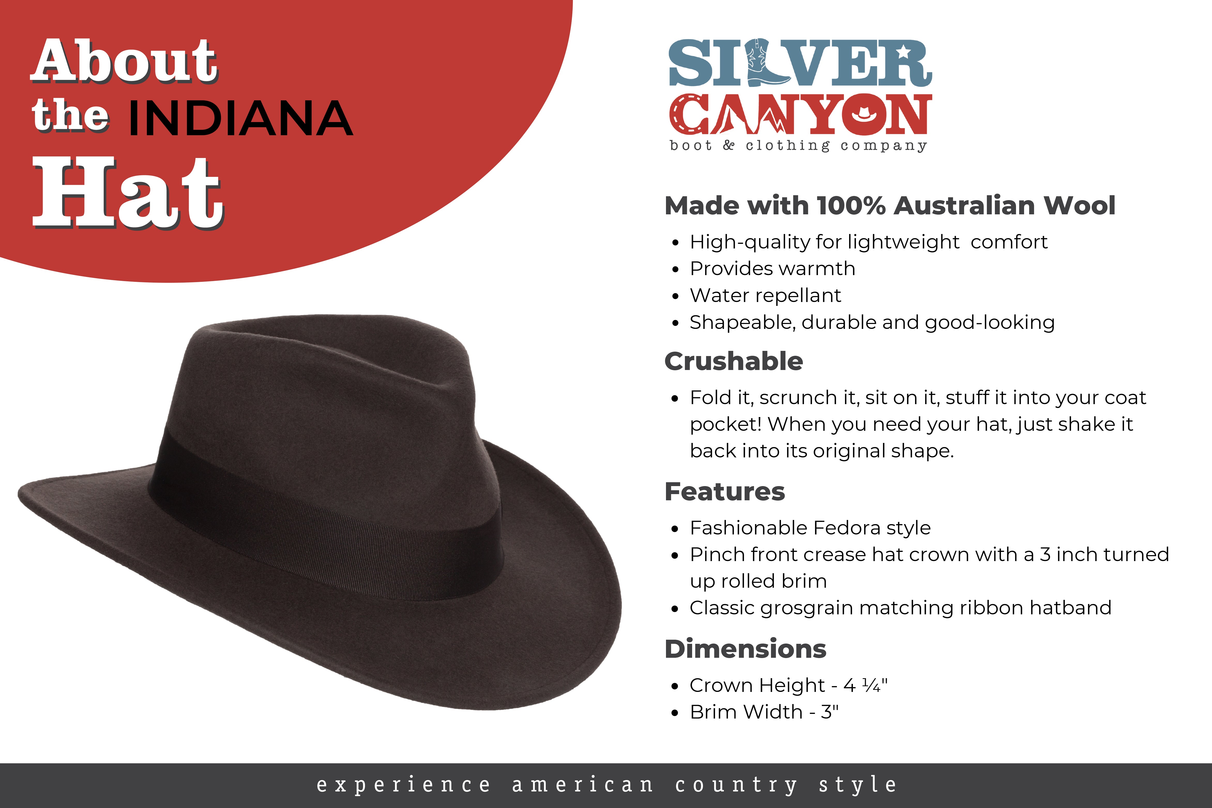 Men’s Indiana Outback Fedora Hat |Black Crushable Wool Felt by Silver Canyon