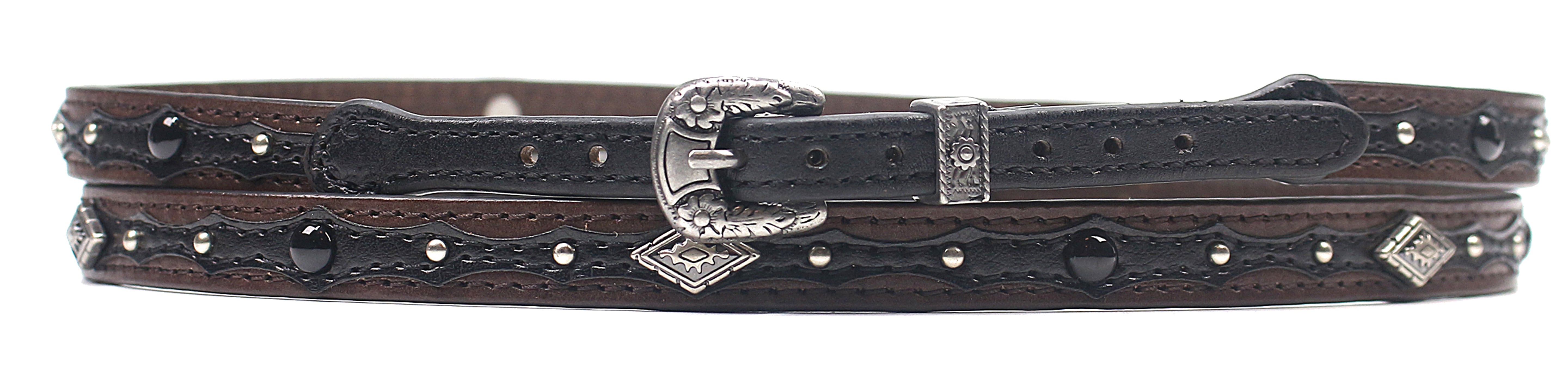 Western Hat Band for Cowboy Hats by Silver Canyon, Brown and Black Leather with Diamond Concho and Studs